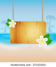 Summer background.Tropical sea and beach. Wood frame on rope with flower. EPS10 vector