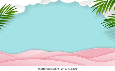 Summer background,Vector paper cut of tropical summer design, palm leaf border frame and white cloud on blue sky background with pink wave layer and copy space,Beach vacation holiday  for Sale Promo