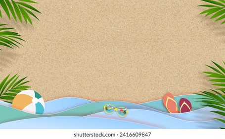 Summer background,Vector paper cut of tropical summer design, palm leaf border frame on sand beach background with blue wave layer and copy space,Beach vacation holiday  for Sale Promo