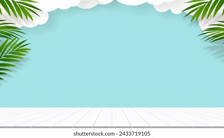 Summer background,Vector White Cloud paper cut with Wood table top and palm leaf border frame blue sky background for Product Present,Beach vacation holiday for Sale Promo 