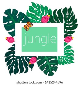 summer background,vector,cartoon style, palm leaves ,tropical flowers