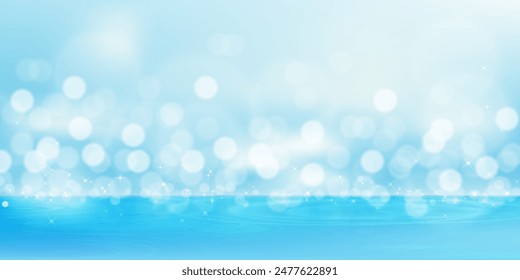 Fondo de verano, textura de la superficie del agua con la luz brillante abstracta borrosa bokeh en el cielo azul. Vector Defocus bokeh reflexión de las luces del sol de la mañana de la playa del mar, Anuncio de fondo para vacaciones de vacaciones
