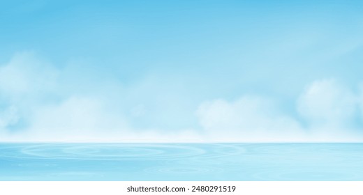 Summer Background,Water Surface Texture with Cloud on Sky Blue.Vector Morning sunlights reflection from sea beach,Backdrop banner for Spring holiday Vacation
