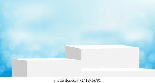 Summer Background,White 3d Platform Podium Display Step with blurry sunlight effect on Sky Blue,Cloud for Product Present,Vector Spring Background with Grey Step mock up on bokeh light on light blue

