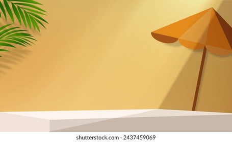 Summer background,Yellow Studio Wall Room with Sun Light,Palm Leaves Shadow,Umbrella on Podium Display for Product Present,Backdrop Empty wall for vacation holiday for Sale Promotion,Web Online Banner