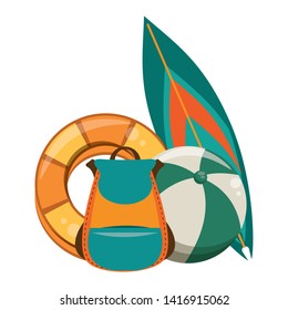 Summer backpack beach ball and surf table cartoons vector illustration graphic design