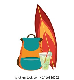 Summer backpack and surf table with juice cup cartoons vector illustration graphic design