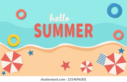 Summer backround with palm leaves, starfish, beach, umbrella. Horizontal vetor banne template