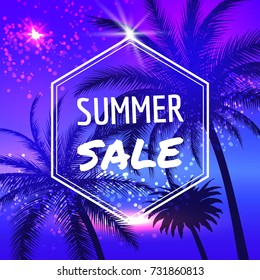 Summer backround. Sale poster with tropical palm trees, vector illustration