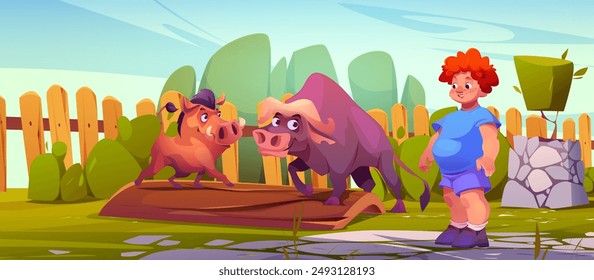 Summer backyard with fence and zoo animal cartoon background. Outdoor back yard landscape of american patio and bison play with warthog on wooden log. Nature environment with pavement path for game