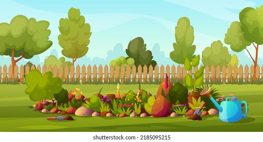 Summer backyard garden with blooming bushes, watering can, flowers, fence, flower bed, equipment, grass, park plants, green trees. Flowerbed with stones, blossoms. Vector illustration