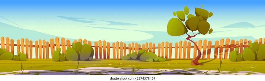 Summer backyard garden with wooden fence vector illustration. Emptyl back yard with stone paved ground and green bush. Countryside exterior with walkway area. Village lawn with barrier