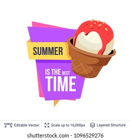 Summer badge isolated on white. Ice cream dessert and ad text. Easy to edit and recolor vector label.