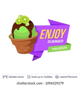Summer badge isolated on white. Ice cream dessert and ad text. Easy to edit and recolor vector label.