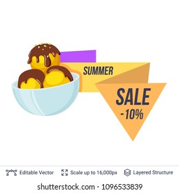 Summer badge isolated on white. Ice cream dessert and ad text. Easy to edit and recolor vector label.