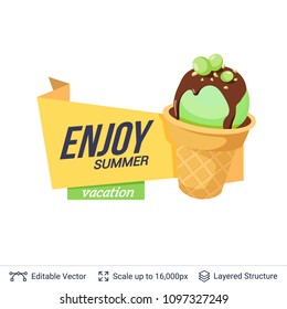 Summer badge isolated on white. Ice cream dessert and ad text. Easy to edit and recolor vector label.