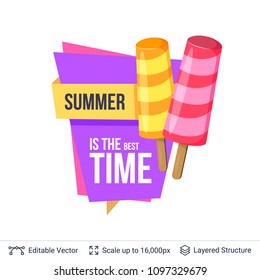 Summer badge isolated on white. Ice cream dessert and ad text. Easy to edit and recolor vector label.
