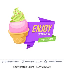 Summer badge isolated on white. Ice cream dessert and ad text. Easy to edit and recolor vector label.