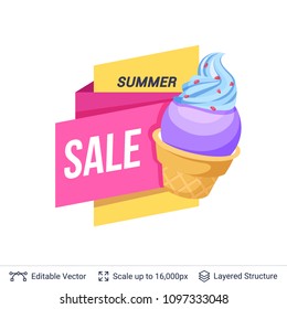 Summer badge isolated on white. Ice cream dessert and ad text. Easy to edit and recolor vector label.