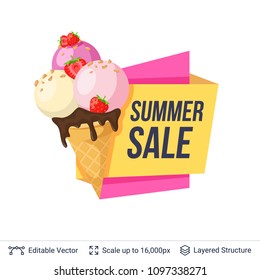 Summer badge isolated on white. Ice cream dessert and ad text. Easy to edit and recolor vector label.