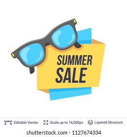 Summer badge isolated on white. Sun glasses and ad text. Easy to edit vector label isolated on white.