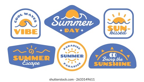 Summer badge, patch, label, stickers collection. Tropical sunset beach vibes design template.