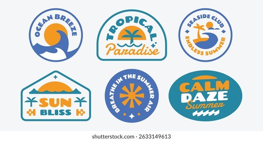 Summer badge, patch, label, stickers collection. Tropical sunset beach vibes design template.