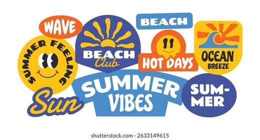 Summer badge, patch, label, stickers collection. Tropical sunset beach vibes design template.