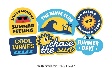 Summer badge, patch, label, stickers collection. Tropical sunset beach vibes design template.