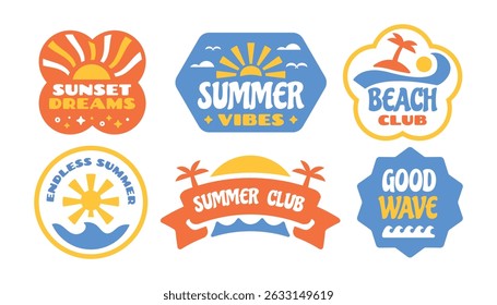 Summer badge, patch, label, stickers collection. Tropical sunset beach vibes design template.