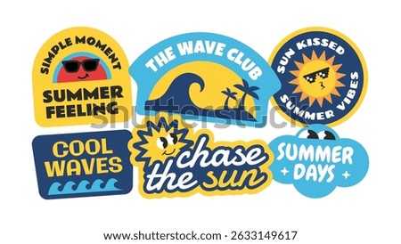 Summer badge, patch, label, stickers collection. Tropical sunset beach vibes design template.