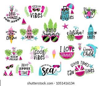 Summer badge set. Happy season of summertime sea fun, vacation beach holiday design with colorful lettering, rest, recreation or travel poster elements. Vector flat style cartoon illustration