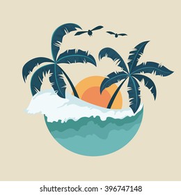 Summer Badge With Wave Palm Tree and Sunset