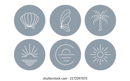 Summer badges with clockwork seashells, flowers and hands in circles. Vector illustration. Set of icons and emblems for social media news covers. Design templates for yoga studio, tourism, beauty salo