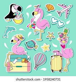 Summer badges with flamingo, toucan, travel items and suitcase. Vector illustration for kids t-shirt design. Vacation and travel concept