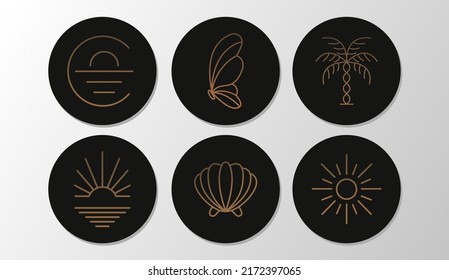 Summer badges with seashells, sun and palm tree in circles. Set of icons and emblems for social media news covers. Design templates for yoga studio, tourism, beauty salons