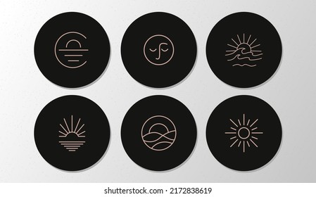 Summer badges with seashells, sun and palm tree in circles. Set of icons and emblems for social media news covers. Design templates for yoga studio, tourism, beauty salons