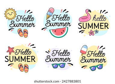 Summer badges, stickers, emblems. Hello summer, holiday, vacation, beach hand drawn illustrations, objects.