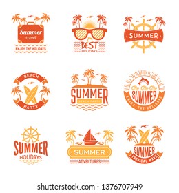 Summer badges. Travel labels and logos palm tree drinks sun vacation tropical vector symbols
