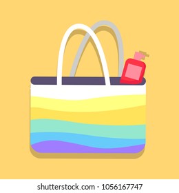 Summer bag for beach with spray inside poster. Vector closeup illustration in flat design of case of clothing for carrying things.