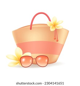 Bolsa de verano con flores 3d ilustración vectorial. Accesorio de playa y gafas de sol al estilo de dibujos animados aislados en fondo blanco. Verano, turismo, vacaciones, concepto de viajes
