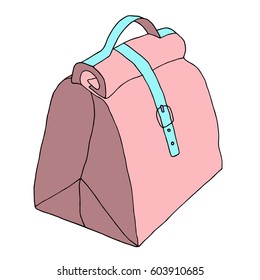 Summer bag with lock and strap. Structured leather ladies bag. Hand drawn realistic fashion sketch. Vector illustration