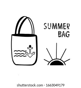 Summer bag,handmade lettering, text,  summer beach bag.Doodle. Vector stock illustration sketch template on isolated white background.Cartoon character for brochures, flyer, shop, tourism