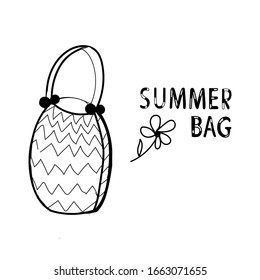 Summer bag,handmade lettering, text,  summer beach bag.Doodle. Vector stock illustration sketch template on isolated white background.Сartoon character for brochures, flyer, shop, tourism