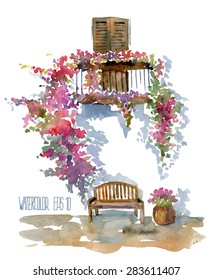 Summer balcony. Vector watercolor illustration.