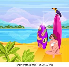 Summer Bali landscape with surfboards, exotic trees, toucan, young female surfer. Girl in white bikini rests near the surf line. Tropical ocean background in cartoon style for posters, advertisements