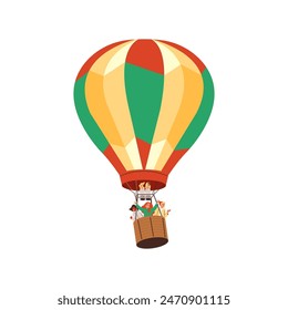 Summer balloon festival. A set of illustrations depicting happy people flying in a hot air balloon enjoying the views from the basket. Ideal for event decoration on an isolated background.