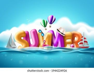 Summer balloon text vector design. Summer 3d text balloons floating in water with beach elements in blue sky background for holiday season vacation. Vector illustration.