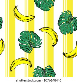 Summer banana and palm leaves on resort stripe  seamless pattern ,vector for fashion fabric and all prints wallpaper ,book cover, on vivid yellow line color.