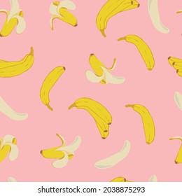 
Summer banana seamless pattern. Motif of whole and peeled bananas, banana peel vector image